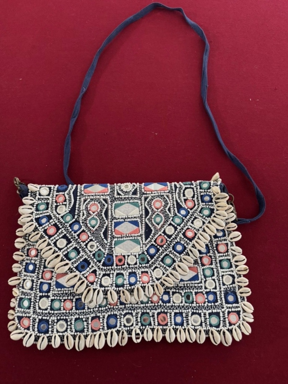 Blue seashell, and pearl handmade Crossbody bag.